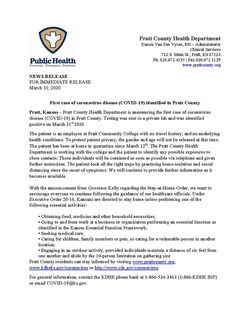 PRATT USD 382 COVID Update March 31, 2020
